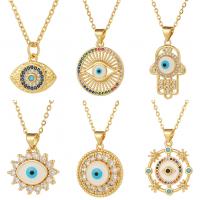 Brass Necklace, real gold plated, evil eye pattern & oval chain & different styles for choice & micro pave cubic zirconia & for woman & enamel, nickel, lead & cadmium free, Length:Approx 17.7 Inch, Sold By PC
