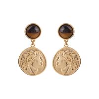 Brass Drop Earring, with Natural Stone, Round, plated, fashion jewelry, golden, nickel, lead & cadmium free, 40x23mm, Sold By Pair