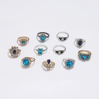 Ensemble d’anneau en alliage de zinc, Placage, 12 pièces & bijoux de mode & pour femme & avec strass, multicolore, Vendu par fixé
