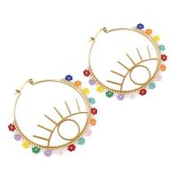 Seedbead boucle d'oreille cercle, avec alliage de zinc, Mauvais œil, Placage de couleur d'or, Style bohème & pour femme, 55x55mm, Vendu par paire