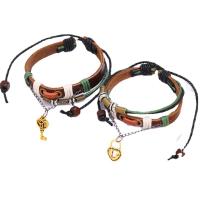 Cowhide Bracelet, with Wax Cord & Tibetan Style, Lock and Key, plated, 2 pieces & for couple, Length:Approx 6.3-6.7 Inch, Sold By Set