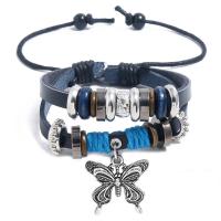 Cowhide Bracelet, with Tibetan Style, Butterfly, plated, multilayer & Unisex, 6mm, Length:Approx 6.7 Inch, Sold By PC