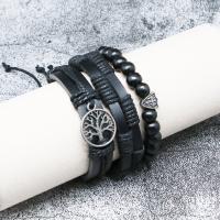 PU Leather Bracelet Set, with Tibetan Style, Tree, plated, multilayer & for man, black, Inner Diameter:Approx 60mm, Sold By Set