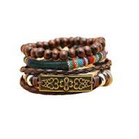 PU Leather Bracelet Set, with Wood & Tibetan Style, plated, fashion jewelry & multilayer & Unisex, coffee color, Inner Diameter:Approx 60mm, Sold By Set
