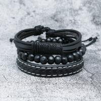 PU Leather Bracelet Set, with Wood, multilayer & punk style & for man, black, Inner Diameter:Approx 60mm, Sold By Set
