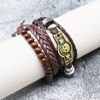 PU Leather Bracelet Set, with Wood & Tibetan Style, Skull, plated, multilayer & punk style & for man, coffee color, Inner Diameter:Approx 60mm, Sold By Set