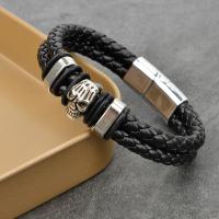 Zinc Alloy Bracelet with PU Leather Skull plated fashion jewelry & for man black Inner Approx 60mm Sold By PC