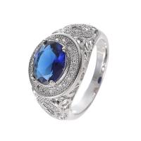 Cubic Zircon Brass Finger Ring with Cubic Zirconia Oval platinum plated fashion jewelry & micro pave rhinestone & for woman & faceted blue nickel lead & cadmium free Sold By PC