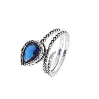 Cubic Zircon Brass Finger Ring, with Cubic Zirconia, Teardrop, antique silver color plated, Adjustable & fashion jewelry & for woman & faceted, blue, nickel, lead & cadmium free, 16mm, Inner Diameter:Approx 18mm, Sold By PC