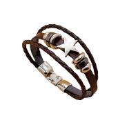 Leather Cord Bracelet with Zinc Alloy Star plated multilayer & Unisex coffee color Length Approx 8 Inch Sold By PC