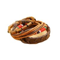 PU Leather Bracelet Set, with Cloth & Wood, multilayer & folk style & for man, coffee color, Inner Diameter:Approx 60mm, Sold By Set