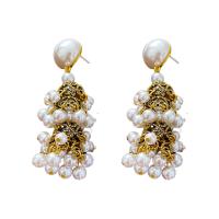 Tibetan Style Stud Earring, with Plastic Pearl, fashion jewelry & for woman, golden, nickel, lead & cadmium free, 70x22mm, Sold By Pair