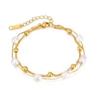 Stainless Steel Jewelry Bracelet, 304 Stainless Steel, with Freshwater Pearl, with 5cm extender chain, Vacuum Ion Plating, fashion jewelry & for woman, golden, Length 16 cm, Sold By PC
