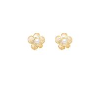 Brass Stud Earring, Flower, gold color plated, fashion jewelry & micro pave cubic zirconia & for woman, nickel, lead & cadmium free, 14x12mm, Sold By Pair