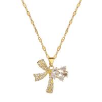Titanium Steel Necklace, with Brass, with 2inch extender chain, Bowknot, real gold plated, micro pave cubic zirconia & for woman, Length:Approx 15.7 Inch, Sold By PC