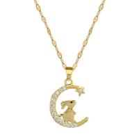 304 Stainless Steel Necklace, with Brass, with 2inch extender chain, Moon, real gold plated, for woman & with rhinestone, Length:Approx 15.7 Inch, Sold By PC