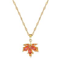 304 Stainless Steel Necklace, with Brass, with 2inch extender chain, Maple Leaf, gold color plated, micro pave cubic zirconia & for woman, more colors for choice, 16x21mm, Length:Approx 15.7 Inch, Sold By PC