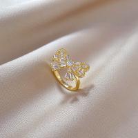 Латунь Манжеты палец кольцо, Бантик, плакированный настоящим золотом, регулируемый & инкрустированное микро кубического циркония & Женский, продается PC