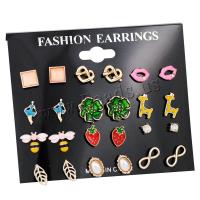 Tibetan Style Stud Earring, with Plastic Pearl, gold color plated, fashion jewelry & micro pave cubic zirconia & for woman & enamel, mixed colors, nickel, lead & cadmium free, 10-20mm, 12Pairs/Bag, Sold By Bag