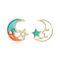Brass Stud Earring, Moon and Star, epoxy gel, fashion jewelry & for woman, nickel, lead & cadmium free, 14x13mm, Sold By Pair