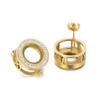 Stainless Steel Stud Earrings 304 Stainless Steel Donut Vacuum Ion Plating for woman & with rhinestone golden 18mm Sold By Pair