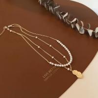 Freshwater Pearl Brass Chain Necklace, Pérolas de água doce, with Liga de cobre, banhado a ouro genuino, joias de moda & para mulher, branco, 5-6mm, comprimento Aprox 35 cm, vendido por PC