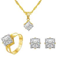 Brass Jewelry Set, Stud Earring & finger ring & necklace, Square, gold color plated, three pieces & fashion jewelry & micro pave cubic zirconia & for woman, nickel, lead & cadmium free, 17mm,5mm, Length:Approx 18.5 Inch, Sold By Set