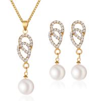 Zinc Alloy Jewelry Sets Stud Earring & necklace with Plastic Pearl plated 2 pieces & fashion jewelry & for woman & with rhinestone nickel lead & cadmium free 40mm 35mm Length Approx 20.5 Inch Sold By Set