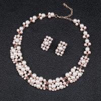 Zinc Alloy Jewelry Sets, Stud Earring & necklace, with Plastic Pearl, with 1.97inch extender chain, rose gold color plated, 2 pieces & fashion jewelry & for woman & with rhinestone, nickel, lead & cadmium free, 15x25mm, Length Approx 16.54 Inch, Sold By Set