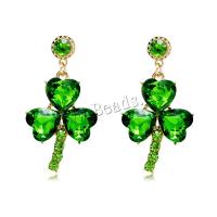 Tibetan Style Drop Earrings, with Glass, Three Leaf Clover, fashion jewelry & for woman & with rhinestone, nickel, lead & cadmium free, 26x49mm, Sold By Pair