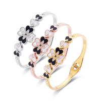 Titanium Steel Bracelet & Bangle with Black Shell & White Shell Four Leaf Clover Vacuum Ion Plating for woman & with rhinestone Inner Approx Sold By PC
