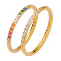 Partículas de acero anillo, chapado en oro real, diverso tamaño para la opción & micro arcilla de zirconia cúbica & para mujer, más colores para la opción, 1.50mm, tamaño:5-10, Vendido por UD