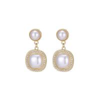 Brass Stud Earring, with Plastic Pearl, gold color plated, fashion jewelry & for woman & with rhinestone, nickel, lead & cadmium free, 40x21mm, Sold By Pair