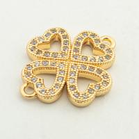 Cubic Zirconia Micro Pave Brass Connector, Four Leaf Clover, high quality gold color plated, DIY & micro pave cubic zirconia, nickel, lead & cadmium free, 18x22x3mm, Hole:Approx 0.1mm, Approx 30PCs/Lot, Sold By Lot