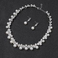 Zinc Alloy Jewelry Sets Stud Earring & necklace with Plastic Pearl silver color plated 2 pieces & fashion jewelry & for woman & with rhinestone nickel lead & cadmium free Length Approx 15.75 Inch Sold By Set