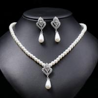 Zinc Alloy Jewelry Sets Stud Earring & necklace with Plastic Pearl 2 pieces & fashion jewelry & for woman & with rhinestone white nickel lead & cadmium free 45mm Length Approx 16.54 Inch Sold By Set