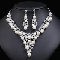 Tibetan Style Jewelry Sets, Stud Earring & necklace, with Plastic Pearl, with 1.97inch extender chain, silver color plated, 2 pieces & fashion jewelry & for woman & with rhinestone, nickel, lead & cadmium free, 16x55mm, Length:Approx 16.54 Inch, Sold By Set