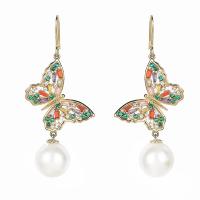 Brass Drop Earring with Plastic Pearl Butterfly real gold plated fashion jewelry & micro pave cubic zirconia & for woman mixed colors nickel lead & cadmium free Sold By Pair