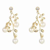 Brass Drop Earring, with Plastic Pearl, real gold plated, fashion jewelry & micro pave cubic zirconia & for woman, nickel, lead & cadmium free, 34x17mm, Sold By Pair