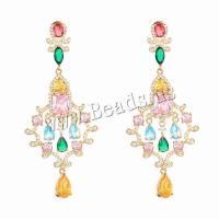 Brass Drop Earring, real gold plated, fashion jewelry & micro pave cubic zirconia & for woman, mixed colors, nickel, lead & cadmium free, 63x25mm, Sold By Pair