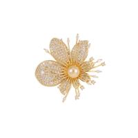 Plastic Pearl Brooch, Brass, with Plastic Pearl, Flower, gold color plated, fashion jewelry & micro pave cubic zirconia & for woman, nickel, lead & cadmium free, 45x50mm, Sold By PC