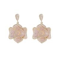 Brass Drop Earring Flower gold color plated fashion jewelry & micro pave cubic zirconia & for woman nickel lead & cadmium free Sold By Pair