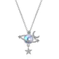 Brass Necklace, with Sea Opal, with 1.4inch extender chain, platinum plated, oval chain & micro pave cubic zirconia & for woman & hollow, 20x22mm, Length:Approx 15.7 Inch, Sold By PC