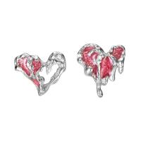 925 Sterling Silver Asymmetric Stud Earrings, Heart, platinum plated, for woman & epoxy gel, more colors for choice, 10x11mm, Sold By Pair
