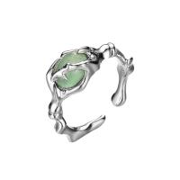 925 Sterling Silver Cuff Finger Ring, with Green Aventurine, platinum plated, adjustable & for woman, 6x8mm, US Ring Size:5.5-7.5, Sold By PC