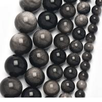 Perles bijoux en pierres gemmes, Argent-Obsidienne, DIY & différents matériaux pour le choix & normes différentes pour le choix, noire, Vendu par Environ 38 cm brin