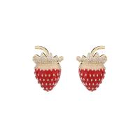 Brass Stud Earring, Strawberry, gold color plated, fashion jewelry & micro pave cubic zirconia & for woman & enamel, mixed colors, nickel, lead & cadmium free, 12x17mm, Sold By Pair