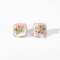 Stainless Steel Stud Earrings 304 Stainless Steel with Shell & Crystal Square plated fashion jewelry white 20mm Sold By Pair