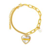 Bracelet d'acier titane, avec coquille & perle de plastique, avec 5cm chaînes de rallonge, bijoux de mode & pour femme, doré, Longueur:Environ 17 cm, Vendu par PC
