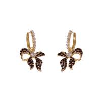 Cubic Zirconia Micro Pave Brass Earring, with Plastic Pearl, Bowknot, real gold plated, fashion jewelry & micro pave cubic zirconia & for woman, mixed colors, nickel, lead & cadmium free, 20x35mm, Sold By Pair